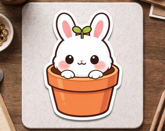 Cute Bunny Planting Sprout – Adorable Rabbit in Flower Pot – Perfect Sticker for Laptops, Water Bottles, Planners – Kawaii Sticker