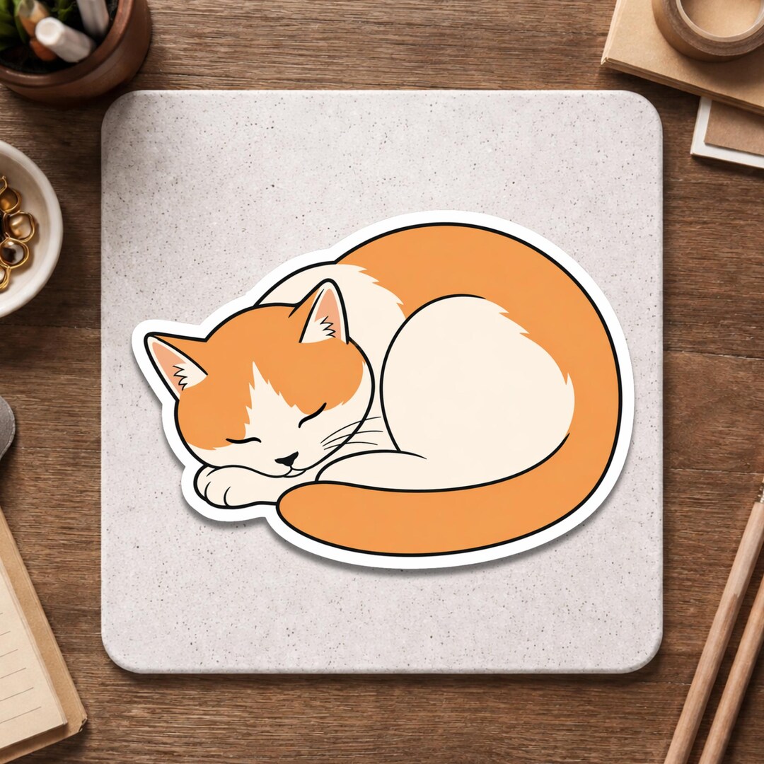 Sleeping Orange Cat Sticker - Cute Cozy Kitty Vinyl Decal - Kawaii Cat ...