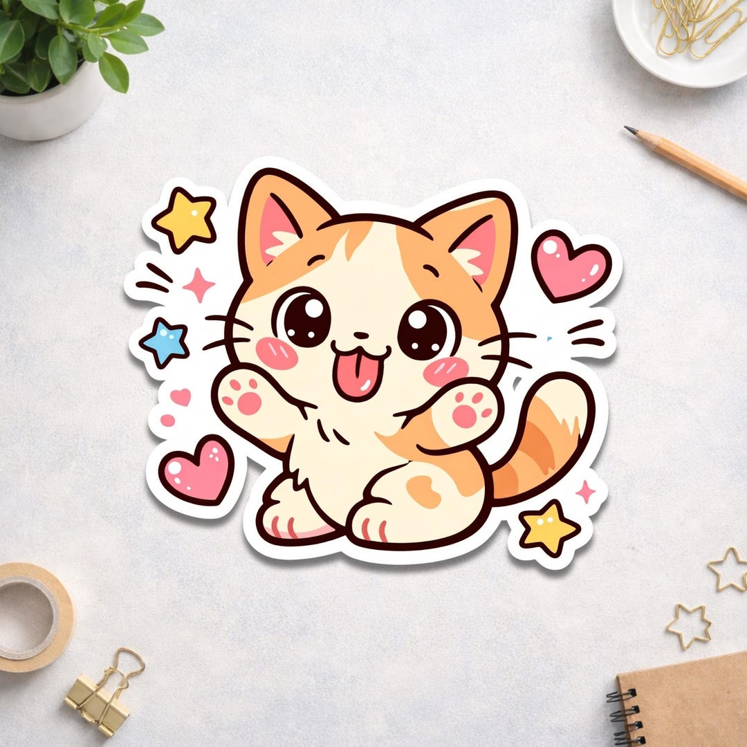 Kawaii Orange Cat Sticker - Cute Cartoon Kitty Decal - Adorable Chibi ...