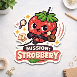 Mission Strobbery Strawberry Thief Sticker Cute Kawaii Fruit Vinyl Decal Die Cut Magnet Funny Cartoon Laptop Water Bottle Gift Aesthetic