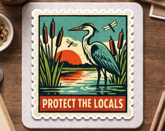 Protect The Locals – Wildlife Sticker – Vintage Heron & Dragonfly Art – Eco-Conscious Design – Perfect For Nature Enthusiasts