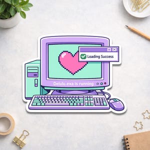 Retro Computer Love Sticker - Y2K Aesthetic Pixel Heart Vinyl Decal - Cute Tech Nerd Gift  Delulu Is Running Funny Laptop Water Bottle Decor