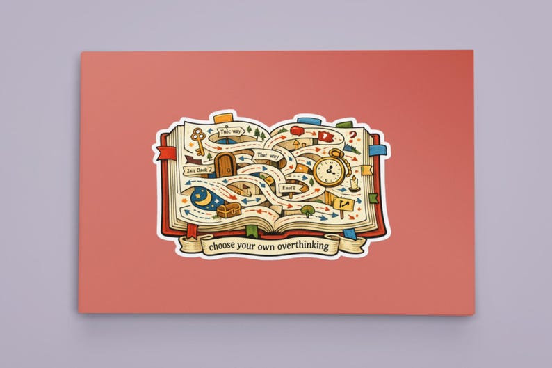 May include: A sticker depicting an open book with a maze design, a key, a clock, and the text "choose your own overthinking." The book has a red cover and is set against a coral background.