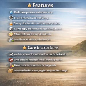 May include: Image displaying product features and care instructions. Features include waterproof vinyl, scratch resistance, strong adhesive, easy application, vibrant colours, and suitability for indoor/outdoor use. Care instructions are also provided.
