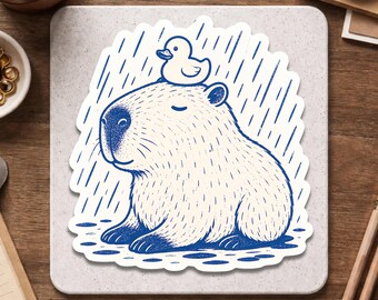 Sticker Capybara - Adorable ami canard - Sticker animal jour de pluie - Sticker vinyle imperméable - Sticker pour ordinateur portable Kawaii confortable
