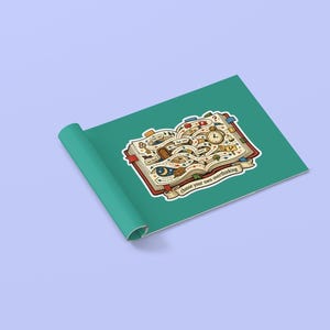 May include: A sticker depicting an open book with a detailed illustration. The book's pages show a maze-like design with a clock, key, and question marks. The text "choose your own overthinking" is on a banner below the book.