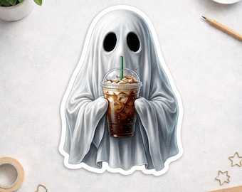 Autocollant Café Fantôme - Décalcomanie Café Glacé Effrayant - Autocollant Halloween Mignon - Cadeau Kawaii pour les Amoureux des Fantômes - Décalcomanie pour les Amateurs de Café