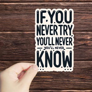May include: White sticker with black text that reads "If you never try you'll never -you'll never- know".
