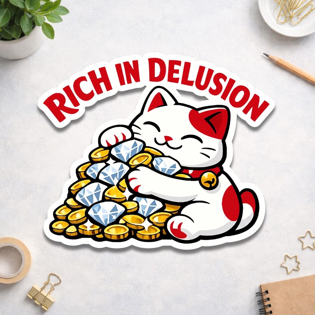 Delusion Graphics Sticker Rich in Delusion Lucky Cat Sticker - Funny Maneki Neko Vinyl Decal ...