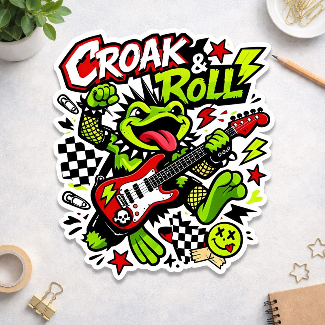 Punk Frog Rock Sticker Die Cut Magnet Cute Guitar Frog Decal Funny ...