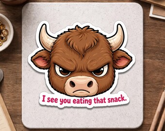 Sticker bison grincheux - Je vous vois manger cette collation - Tête de taureau rigolote - Stickers animaux sauvages - Cadeau unique pour des amis