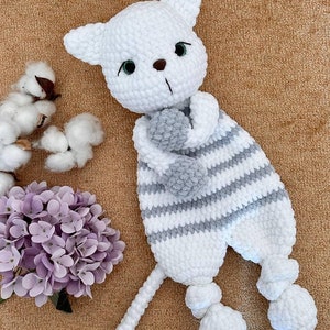 Crochet cat snuggler pattern Amigurumi kitty lovey pattern Cute kitten plushie cuddler for kids