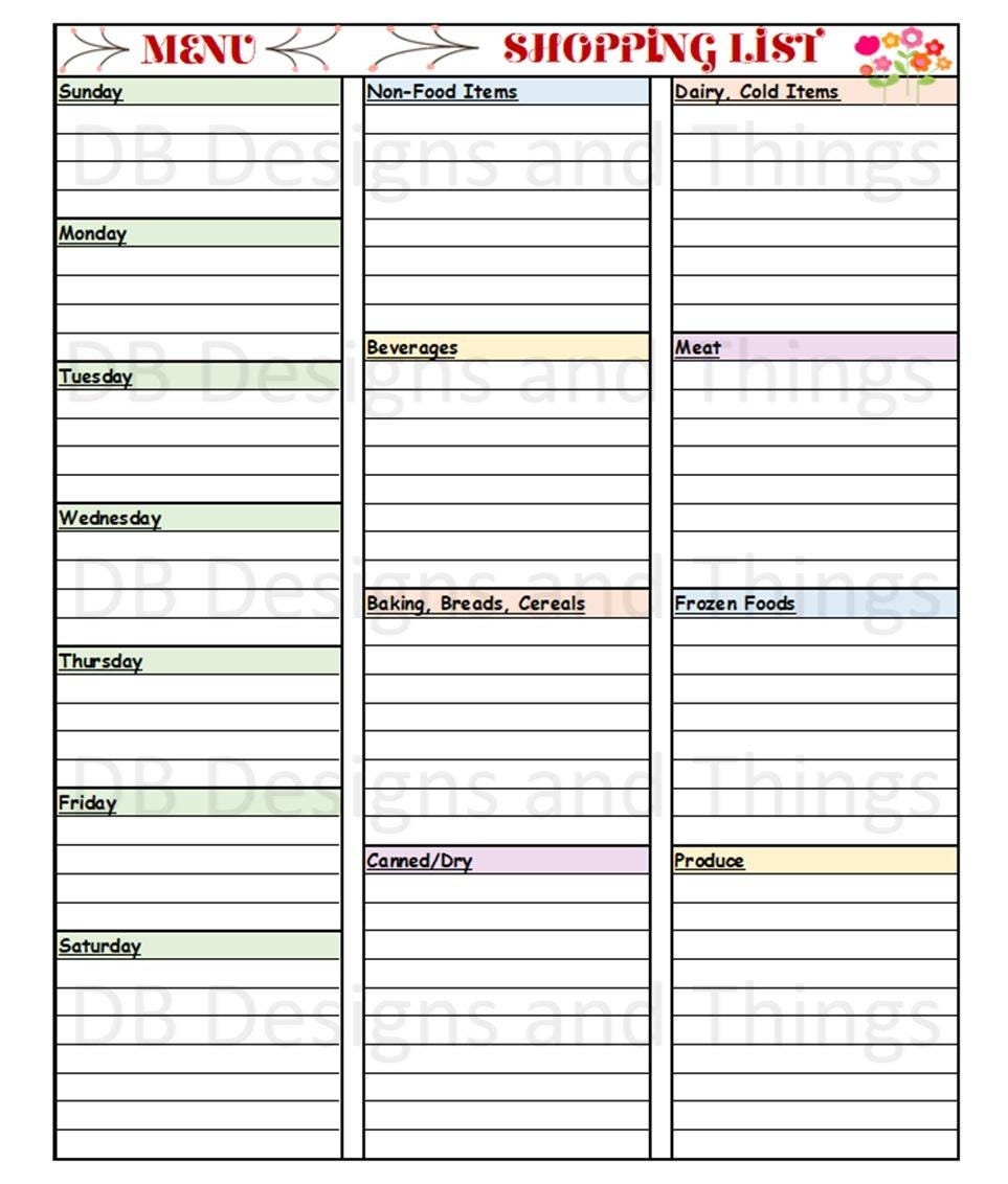 Printable Weekly Menu Planner With Shopping List / Customizable