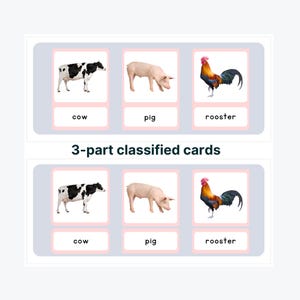 De 3-delige Montessori-kaarten: boerderijdieren. Deze pdf is leermateriaal voor zoölogie en ondersteunt de Montibooks-serie.