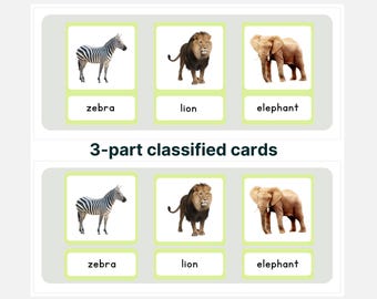 Tarjetas Montessori de animales salvajes (3 partes): Aprendizaje de zoología (PDF)