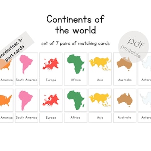 The Montessori 3-part classified cards: Continents. This PDF is a geography learning material and supports the Montibooks series.