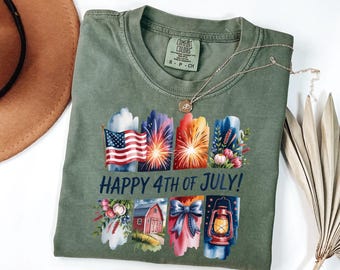 Camiseta gráfica del 4 de julio, camiseta patriótica con fuegos artificiales en acuarela, regalo de verano con temática americana, rojo, blanco y azul.