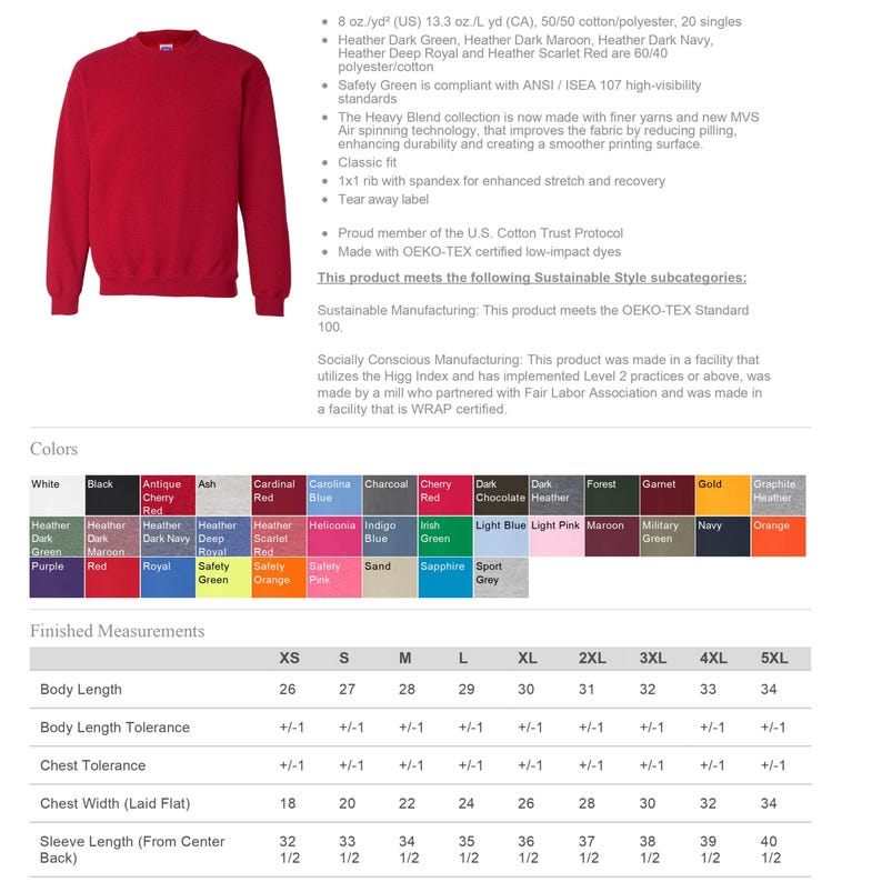 Puede incluir: Una sudadera roja de cuello redondo. La imagen tambi&eacute;n muestra una carta de colores con varios colores y una tabla de tallas con medidas en cm para la longitud del cuerpo, el ancho del pecho y la longitud de la manga.