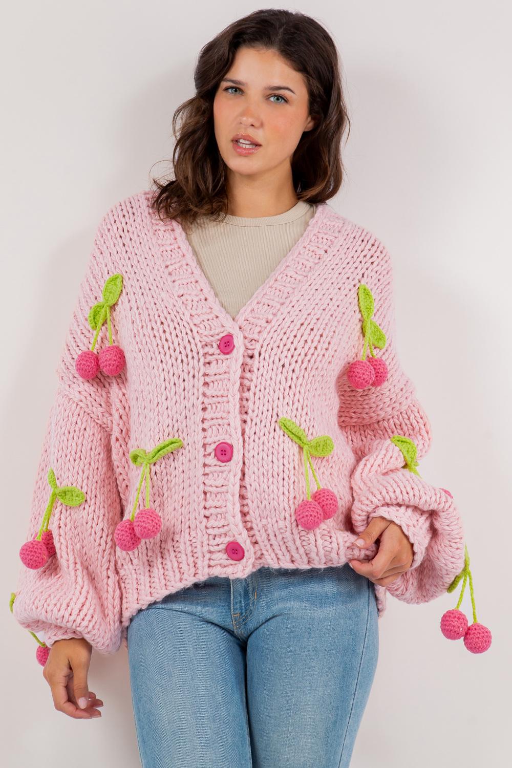 Pink Cherry Knit Cardigan - Etsy