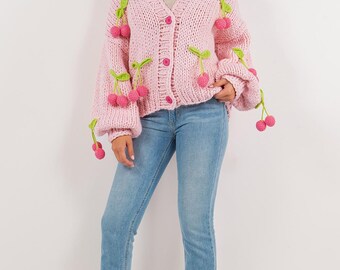 Pink Cherry Knit Cardigan - Etsy