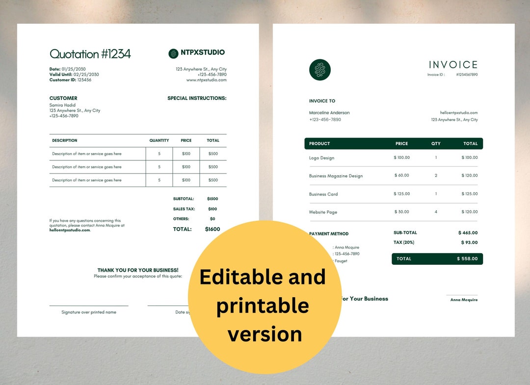 Invoice Quotation Minimalist Invoice and Quotation Template, Small Business, Modern ...