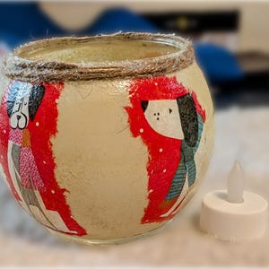 Christmas Luminary Dogs With Scarf, Decoupage Vase Luminary, Holiday Vase, Dog lovers Christmas vase