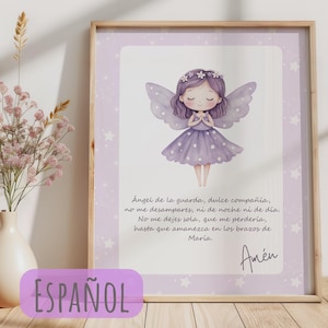 Oração do Anjo da Guarda para Meninas - Imagem Religiosa Infantil para Download, Decoração de Batismo Católica Personalizada Digitalmente Imprimível