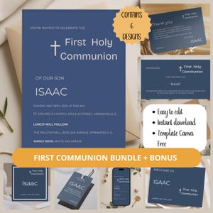 Invitación Primera Comunión Niño Editable | Bundle Tarjetas Comunión Azul Minimalista Elegante | Plantilla Canva | Imprimible Digital