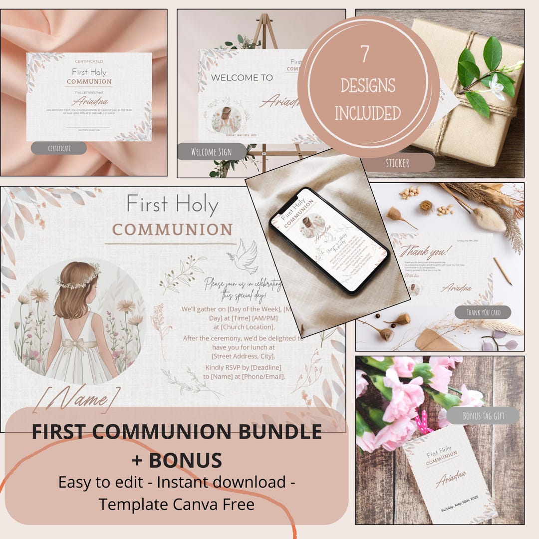 Editable First Communion Invitation Bundle Girl – Canva Template ...