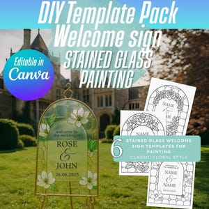 Stained Glass Painting Welcome Sign Template Bundle – Classic Floral Pattern Design – DIY Faux Stained Glass Sign for Weddings & Events