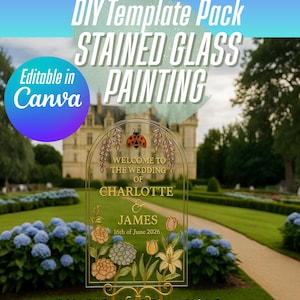 Peut inclure: Panneau de mariage en acrylique transparent avec des détails floraux et une coccinelle, avec le texte "Welcome to the Wedding of Charlotte & James 16th of June 2026". Fait partie d'un pack de modèles DIY pour la peinture sur verre, modifiable dans Canva.