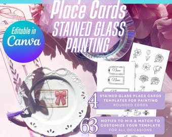 Plantillas DIY para tarjetas de lugar con vitrales falsos: etiquetas de nombre editables de Canva para bodas y eventos; plantillas de calco imprimibles para pintar.