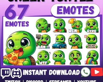 MEGA 67 Emote Emoji Bundle Green Turtle for Twitch, Discord, Kick, YouTube, Facebook, Whatsapp, etc | Cute Kawaii Chibi Green Turtle Sticker