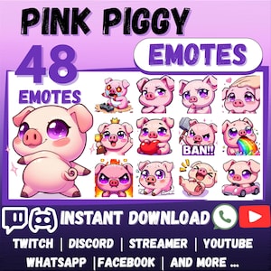 Paquete de 48 emojis de cerdito rosa chibi para WhatsApp, Twitch, Discord, YouTube y streaming. Pegatinas de emojis de cerdito rosa chibi kawaii.