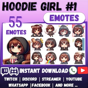 May include: Digital download graphic featuring a collection of 55 "Hoodie Girl" emotes. The emotes depict a cartoon girl in a black hoodie with various expressions and accessories. The image includes text: "Instant Download" and social media icons.