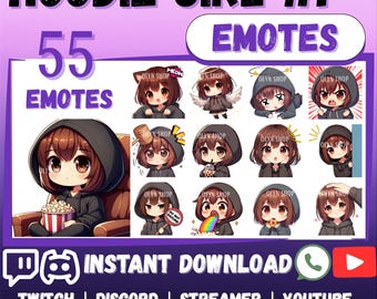 MEGA 55 Emote Emoji Bundle CHIBI Kawaii Brown Short Hair Girl for Whatsapp | Twitch | Discord | YouTube | Facebook | Cute Kawaii Sticker
