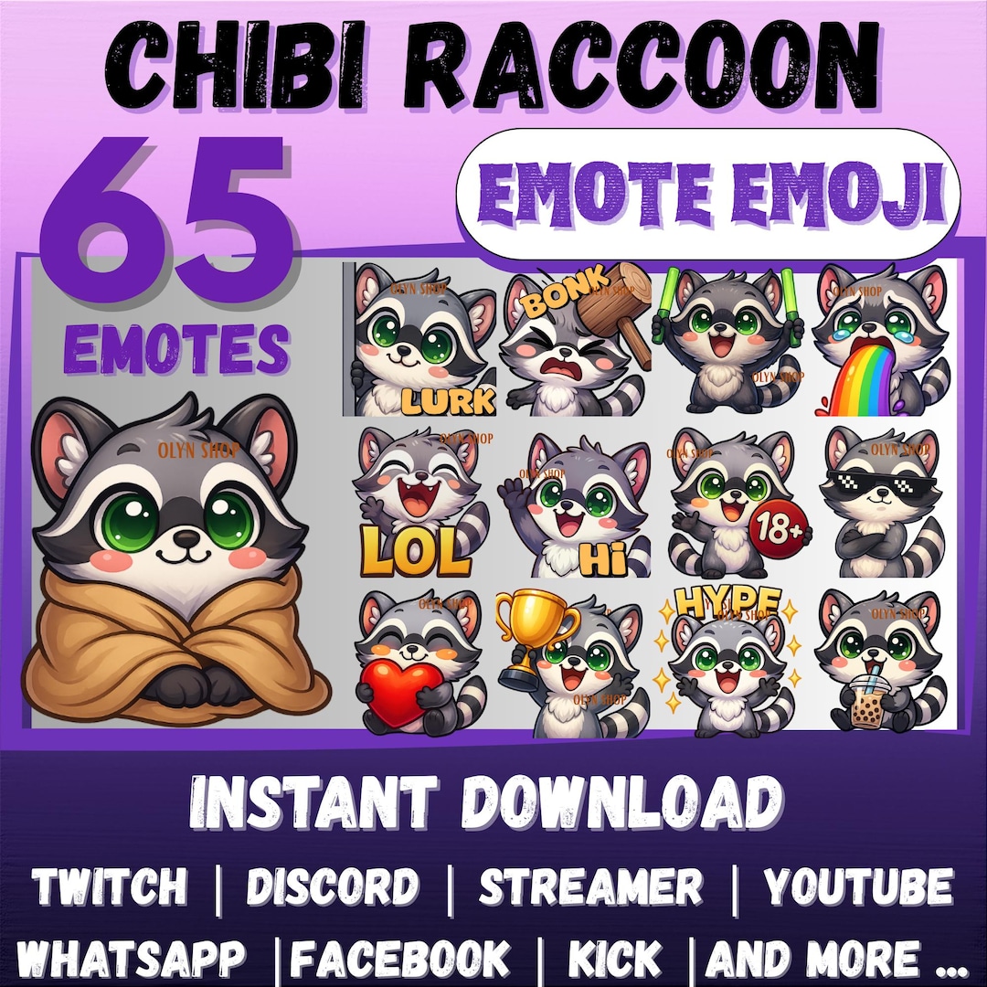 65 Chibi Raccoon Emotes Emojis Mega Pack | Cute Twitch Emotes, Discord ...