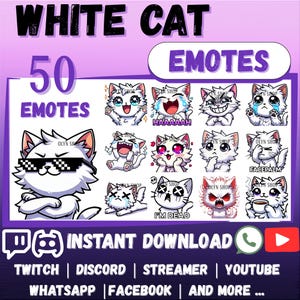 Paquete de 50 emojis de gato blanco para WhatsApp, Twitch, Discord, YouTube y streaming. Pegatinas de emojis de gato blanco de dibujos animados kawaii chibi.