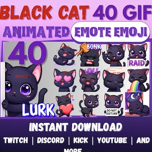 Könnte beinhalten: Eine Sammlung von 40 animierten schwarzen Katzen-Emotes und Emojis mit violetten Augen und verschiedenen Ausdrücken. Der Text umfasst BLACK CAT 40 GIF ANIMATED EMOTE EMOJI, 40, LURK, BONK, LOL, RAID, DO NOT DISTURB, INSTANT DOWNLOAD, TWITCH, DISCORD, KICK, YOUTUBE, AND MORE.