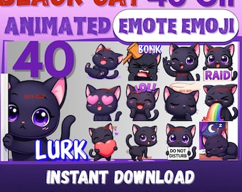 40 Chibi Black Cat Animated GIF Emotes Emojis Mega Pack | Cute Twitch Emotes, Discord Emotes, Kick Emotes | Kawaii Black Cat Streamer Assets
