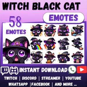 58x CHIBI BLACK CAT Heksenemoji-emojipakket Whatsapp | Twitch | Onenigheid | YouTube | Streamen | Leuke kawaii cartoon halloween-emoji-emoticon