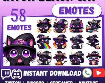 MEGA 58 Emote Emoji Bundle Chibi Witch BLACK CAT for Twitch, Discord, Kick, YouTube, Facebook, Whatsapp, etc| Cute Kawaii Halloween sticker