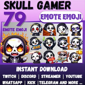 Pacote MEGA com 79 emojis em estilo chibi, incluindo caveira e esqueleto gamer para Twitch, Discord, Kickstarter, YouTube, Whatsapp, etc. | Adesivos fofos e kawaii