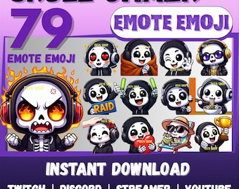 MEGA 79 Emote Emoji Bundle Chibi SKULL Gamer Skeleton for Twitch, Discord, Kick, YouTube, Youtube, Whatsapp, etc | Cute Kawaii Sticker