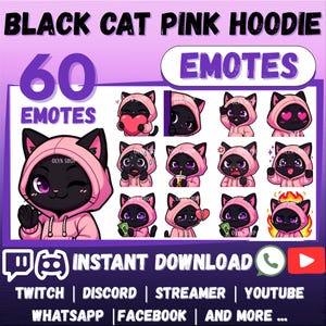 May include: A digital graphic featuring a black cat wearing a pink hoodie, with various expressions. The image includes the text "BLACK CAT PINK HOODIE" and "60 EMOTES". Additional text includes "INSTANT DOWNLOAD" and social media platform logos.