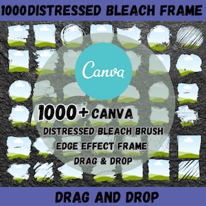 May include: A digital collection of 1000 distressed bleach frame and brush edge effect overlays for Canva. The image displays various white textured shapes containing a landscape scene with green hills and a blue sky, labeled 1000 DISTRESSED BLEACH FRAME.