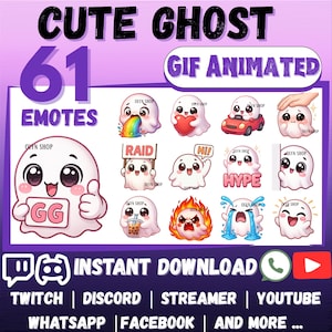 Pode incluir: Gráfico digital com 61 emotes de fantasmas fofos. A imagem apresenta várias ilustrações de fantasmas com diferentes expressões e ações, como segurar um coração e levantar o polegar. O texto inclui "CUTE GHOST" e "GIF ANIMATED".
