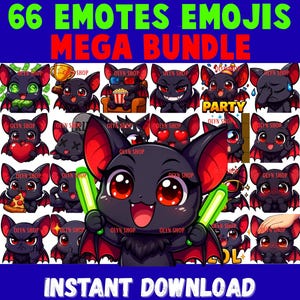 66 Chibi Black Bat Emotes Emojis Mega Pack | Cute Twitch Emotes, Discord Emotes, Kick Emotes | Kawaii Black Bat Streamer Assets