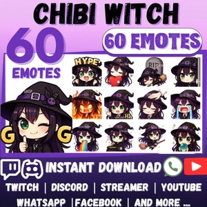 Può includere: Una collezione digitale di 60 emote Chibi Witch con un personaggio dai capelli scuri e un cappello viola. Il set include varie espressioni e azioni come salutare, piangere e tenere una sfera di cristallo. Testo: CHIBI WITCH, 60 EMOTES, HYPE, RIP, HI, GG, INSTANT DOWNLOAD.