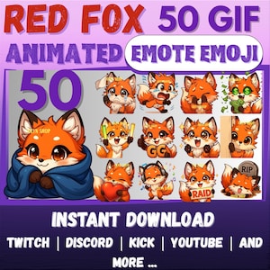 Puede incluir: Gráfico digital con 50 emojis animados de zorro rojo con diversas expresiones. El texto "RED FOX 50 GIF ANIMATED EMOTE EMOJI" se muestra en la parte superior, con "INSTANT DOWNLOAD" y logotipos de plataformas en la parte inferior.